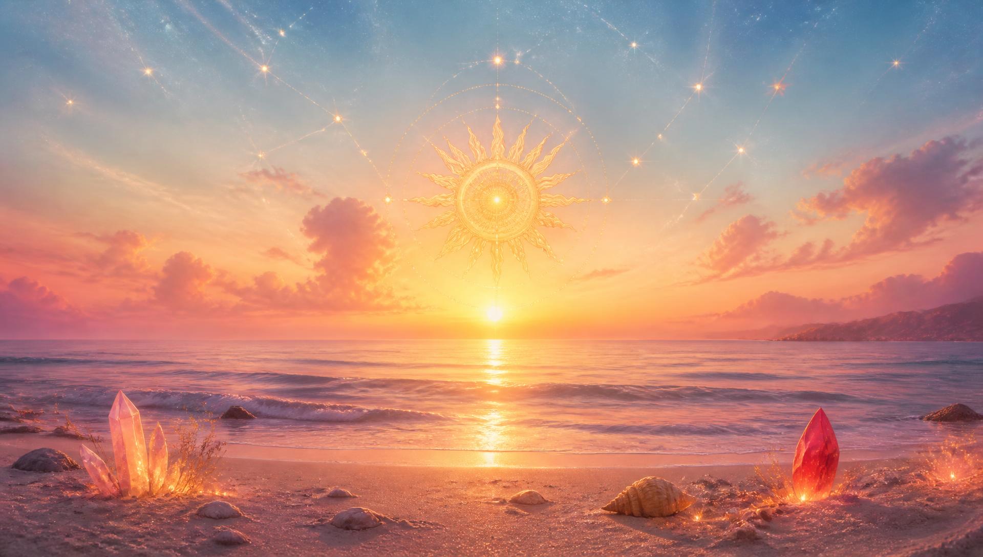 Golden sun sigil over a calm ocean at sunset with constellations in a sky-blue sky
